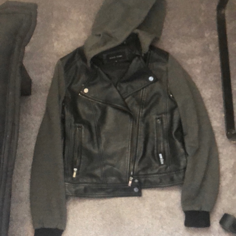 Hooded leather jacket with sweater sleeves